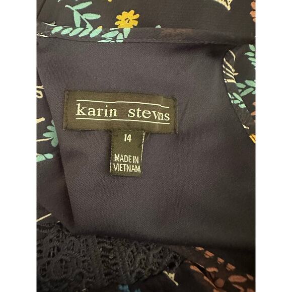 Karin Stevens Floral Midi Dress Size 14 Navy Boho Sleeveless with Crochet Trim - Picture 4 of 5